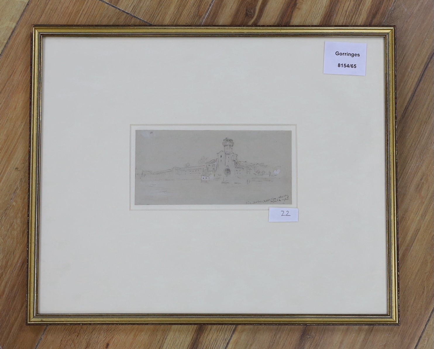 Albert Goodwin RWS (1845–1932), A page removed from a sketch book inscribed ‘Pisa, Red Tower, Yellow River – Blue Sky – Reflected Light, c.1872, gallery label verso, 7 x 15cm